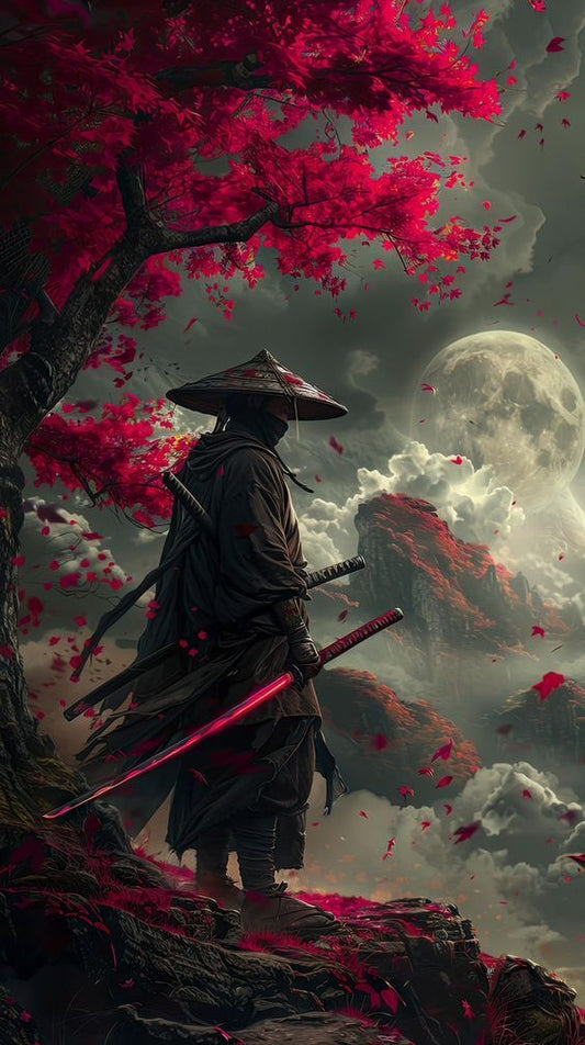 Crimson Moon Samurai – Japanese Warrior Wall Art Print